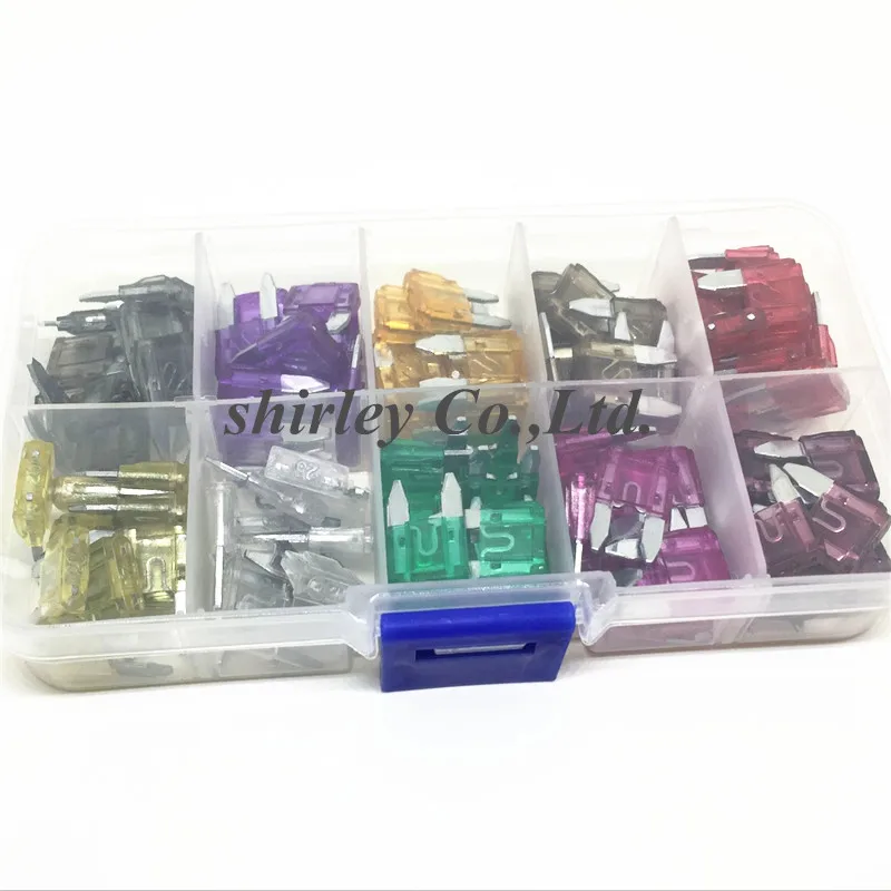 

100pcs/lot Mini Auto Fuse 10 Value Car Fuse Blade Kit Assortment with Box 2A 3A 5A 7.5A 10A 15A 20A 25A 30A 35A