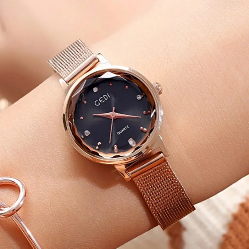 

GEDI Crystal Watches Women Luxury Brand Rose Gold Mesh Stainless Steel Quartz Watch Ladies Waterproof Fashion Watches Clock