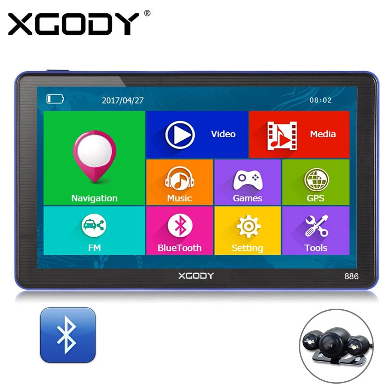 Kopen XGODY 886 7 inch 256 m + 8g Bluetooth AV IN Auto Vrachtwagen GPS Navigatie Capactive Screen FM Navigator Achter view Camera 2018 Europa Kaart