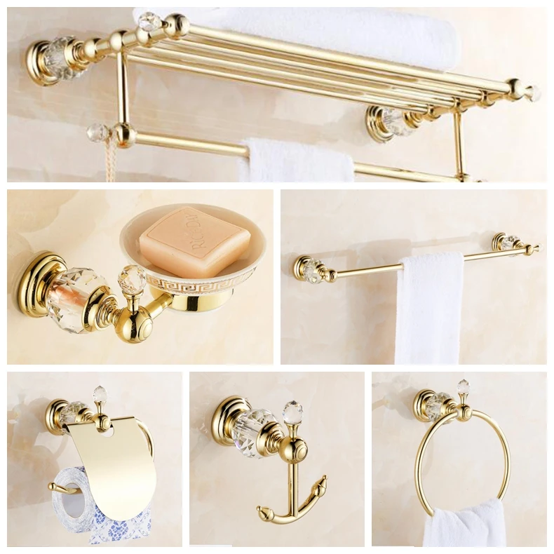 Copper Bathroom Hardware Sets Modern Golden Finish Crystal Toilet Paper