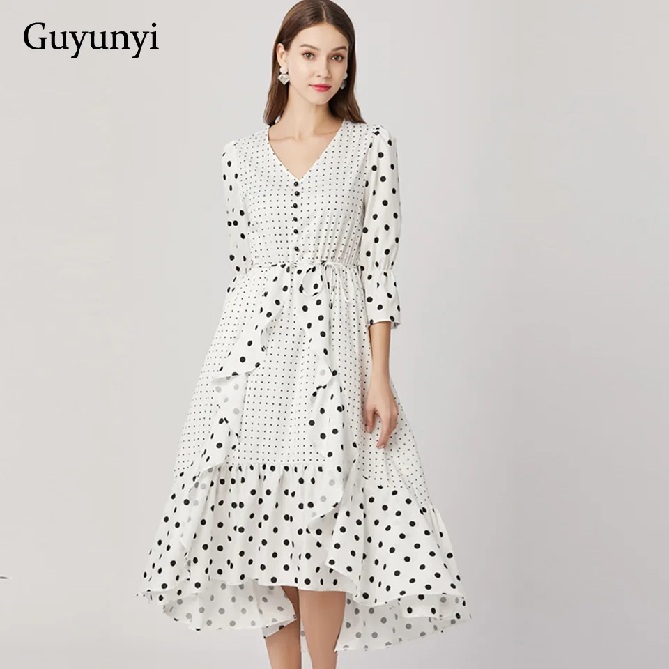 

Summer Bohemia Vintage Dress 2019 Small Sexy V-Neck Dot Pattern Decorative Ruffle Simple Comfortable Elegant Party Dress Women