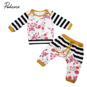 

Cute Toddler Baby Girls Autumn Warm Clothes Set 2Pcs Cotton Floral Outfits Striped Long Sleeve Top+Pants Kids Clothing Sets 0-2Y