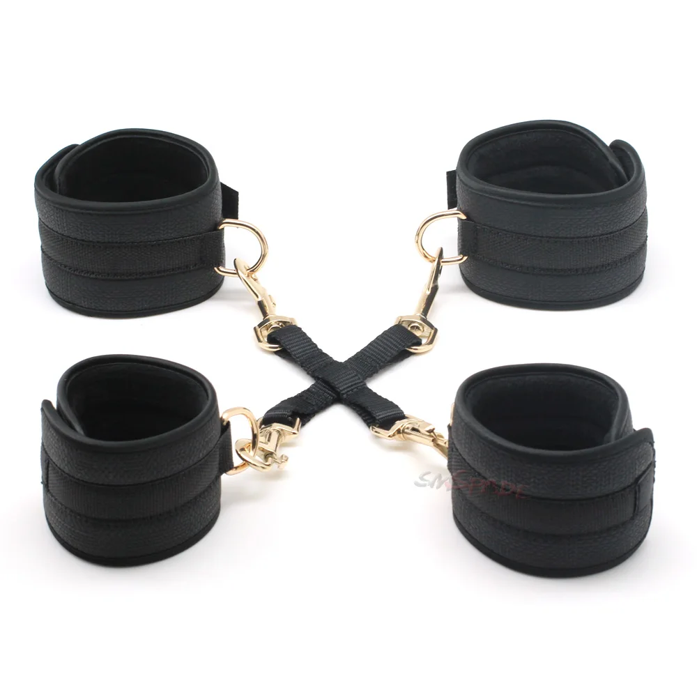 Smspade black PU underbed fetish bondage set handcuffs ankle cuffs