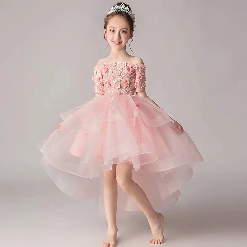 

Baby Kids Korean Sweet Appliques Flowers Birthday Wedding Party Front Short Back Long Dress Skirt Little Girls Host Tutu Dress