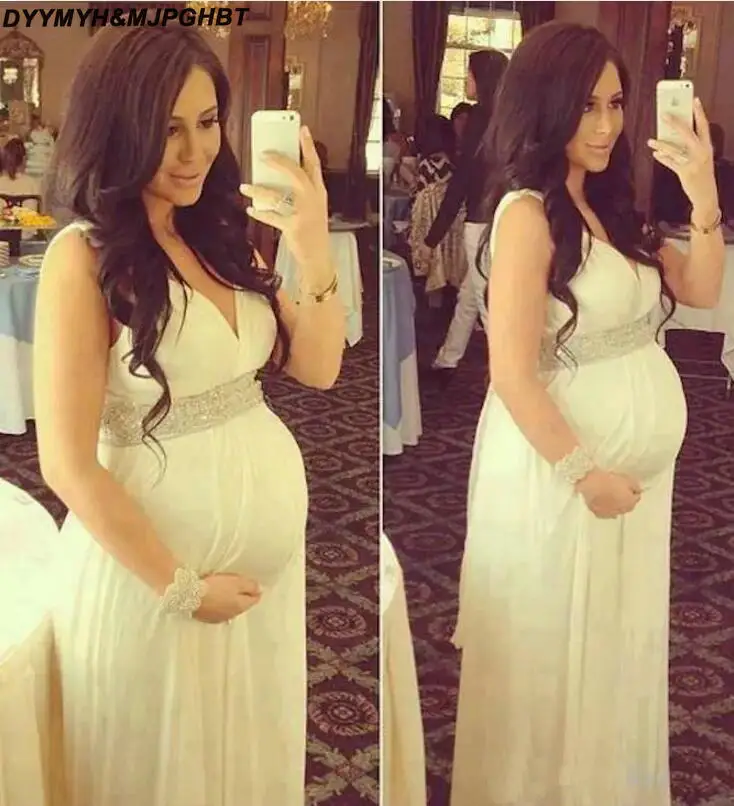 Hot Sale White Maternity Dresses Deep V Neck Floor Length Chiffon Evening Dresses Elegant Formal Prom Dresses For Pregnant Vestidos De Festa_