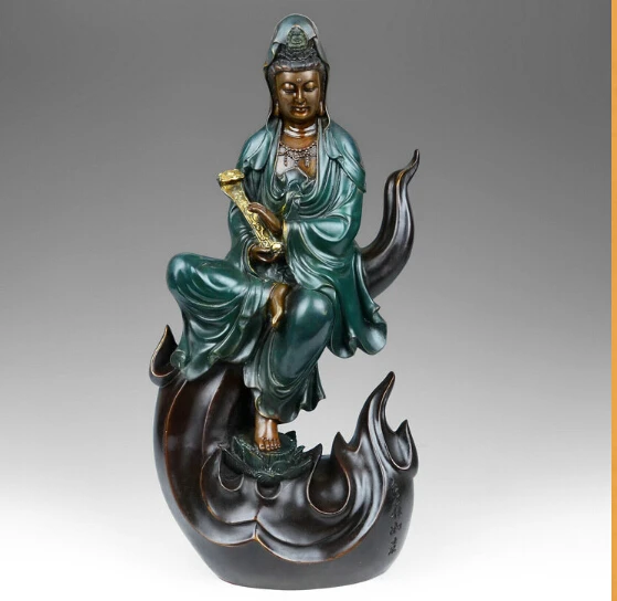 

China Tibet Kwan-yin Guanyin Sit On Wave Buddha Bronze Statue Hold Ruyi