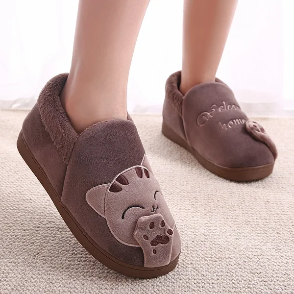 Милая детская обувь; теплые хлопковые тапочки с котом; домашние тапочки для мальчиков и девочек; мягкие тапочки с животными; Прямая поставка - Цвет: Brown