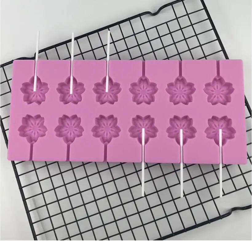 

12Holes Lollipop Mold Chocolate Cake Decorating Round Sakura Bear Shape Silicone Candy Mold With 12 Sticks Kitchen Baking Tools