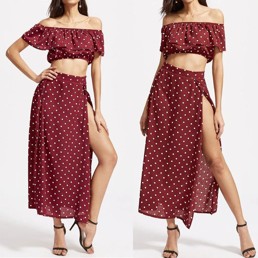 

Womail Women's Sets Chiffon Summer Sexy Off-Shoulder Sleeveless Polka Dot Ruffled Summer Beach Split Suit Apr 29