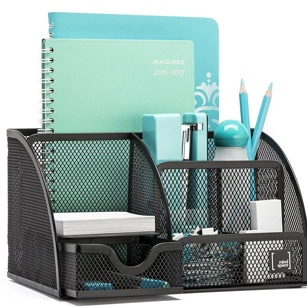 

Multi-function metal desktop Organizer with 6 Compartments Drawer | The Mesh Collection Black Office storage rack #2B03