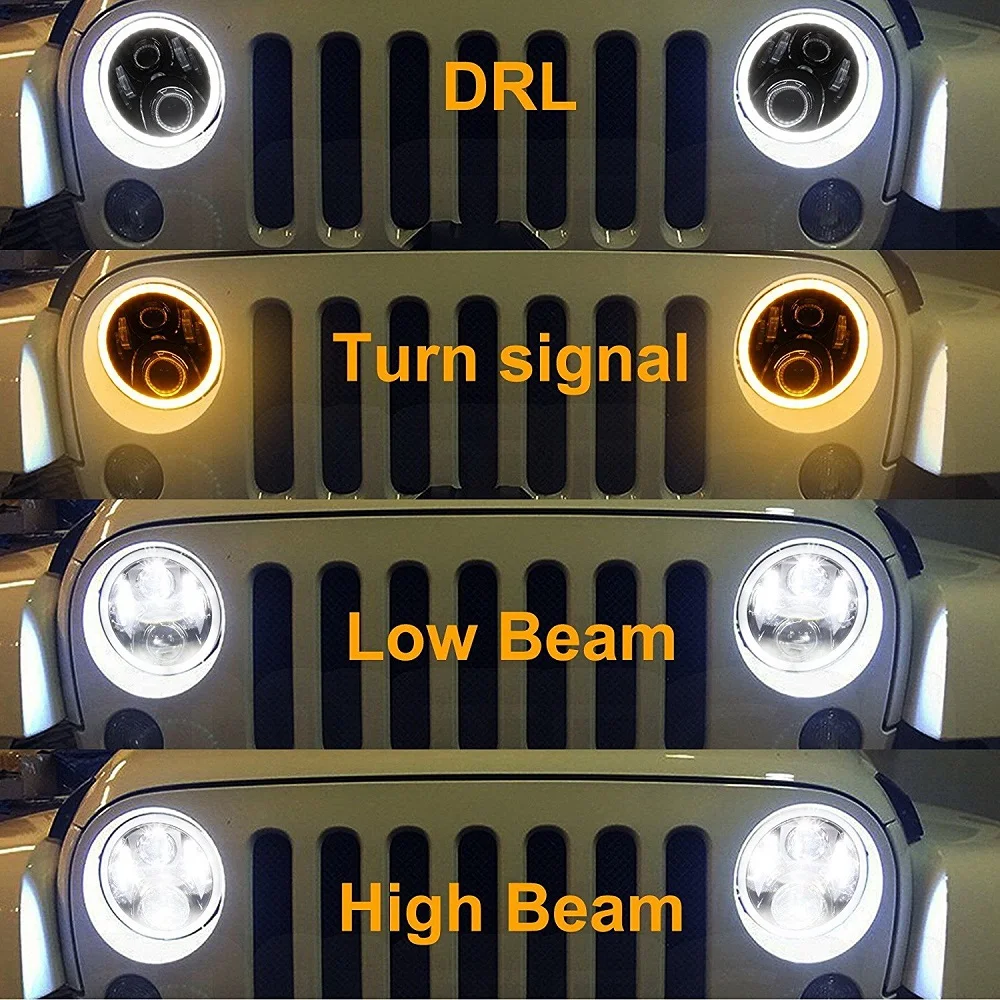 High quality 7 Inch Round Led Headlight Halo Angle Eyes Turn Signal LED Headlamp For Jeep Wrangler Unlimited JK L