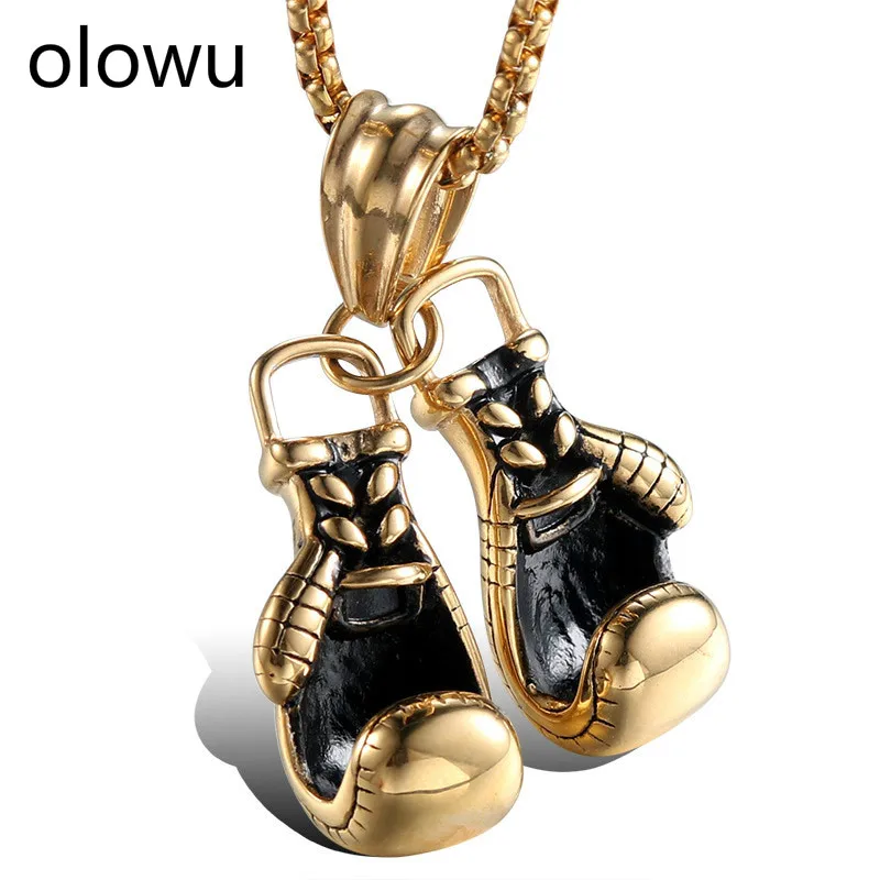

olowu Charm Pair Boxing Glove Pendant Necklace For Men Gold Black Color Stainless Steel Necklaces Fashion Sport Fitness Jewelry