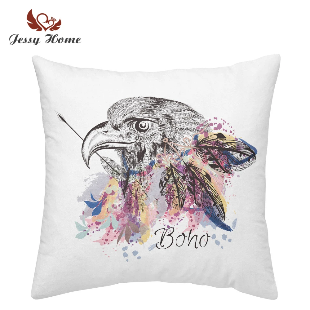 

Boho Colorful Leather Print Cushion Cover Eagle Owl Deer Pillowcase Watercolour Pillow Cover Sofa Decor Throw Pillows C15