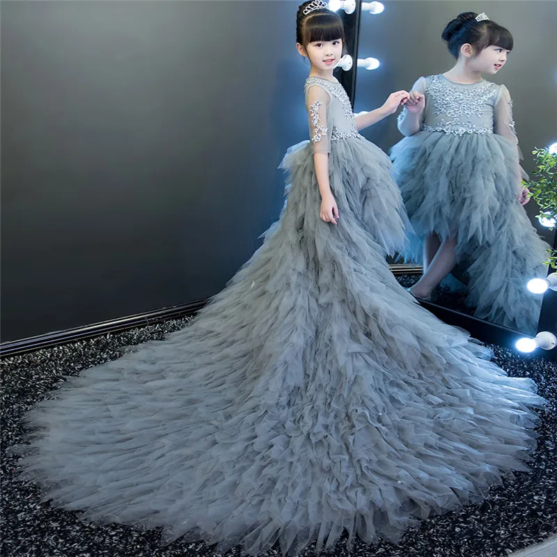 2018 New Kids Girls Luxury Gray Blue Color Piano Model Show Long Tail Dress Children Teens Model Show Piano Host Costume Dress 2018 New Kids Girls Luxury Gray Blue Color Piano Model Show Long Tail Dress Children Teens Model Show Piano Host Costume Dress
