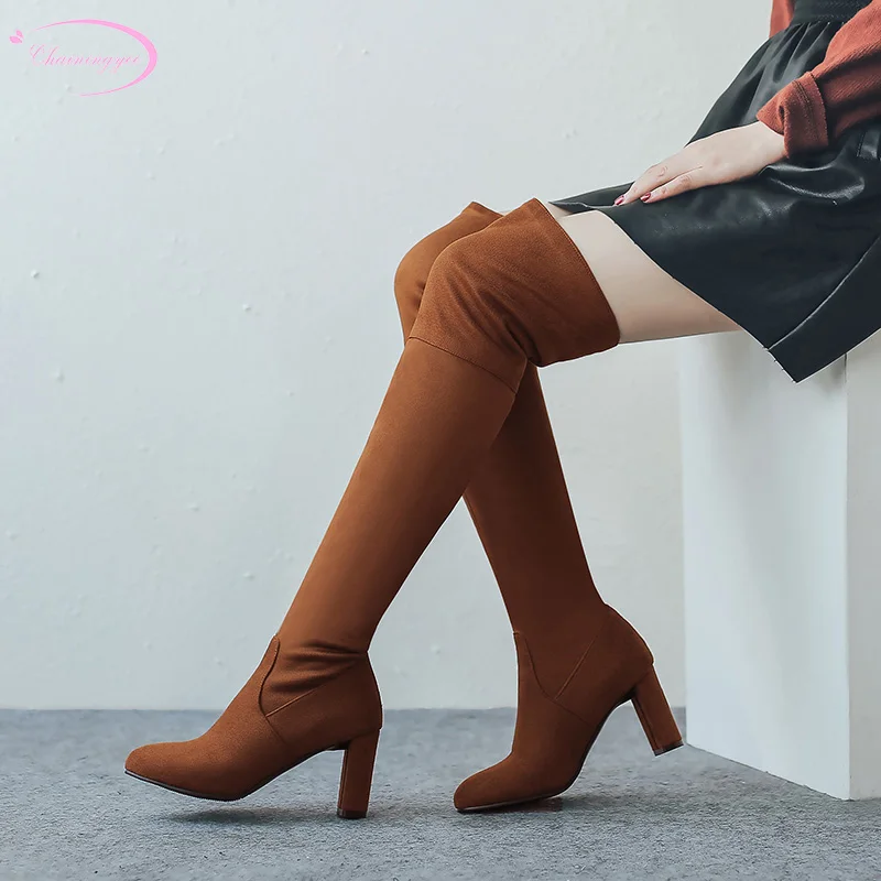 

Elastic boots round toe nubuck over knee high boots slip brown grey black high heel thick riding boots women's shoes big size