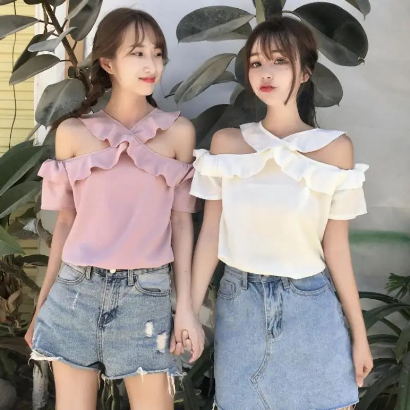 2019 New Arrival Short Sleeve Women Chiffon Tops Fresh &amp Sweet Off Shoulder Halter Blouse Ruffles Free Shipping |