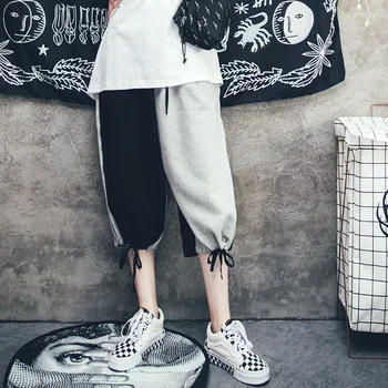 

2018 Loose Summer Women New Couple BF Style Panelled Elastic waist Casual Calf-length Cross