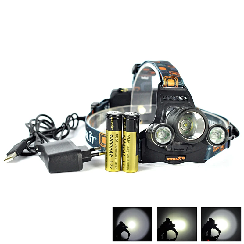 BORUiT 17000 Lumen Headlamp XM-L 3x T6 LED Headlight 18650 Light Charger Battery 