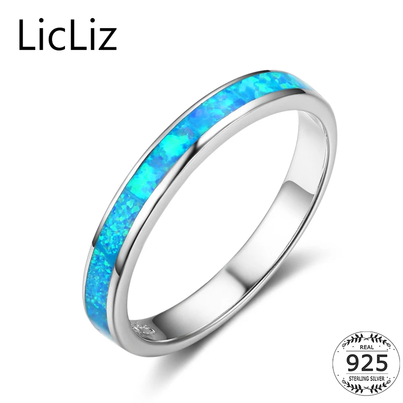 LicLiz 925 Sterling Silver Wedding Band For Women Plain Blue Solitaire Opal Ring Engagement Ring Gemstone Eternity Rings LR0360