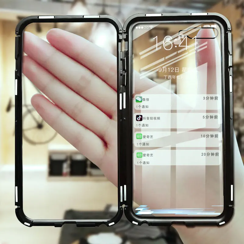 

Luxury Metal Magnetic Back Glass Case On The For iphone X XR XS Max Full Cover For iphone 6 6s 7 8 PLus Shockproof Bumper Case
