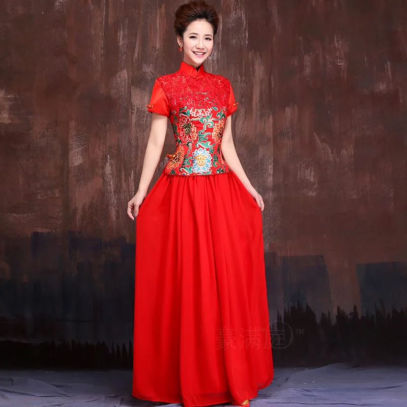 Китайский традиционный для женщин Длинные невесты современное Ципао свадебное платье Cheongsam Топ Vestido Oriental Вечерние платья Бесплатная