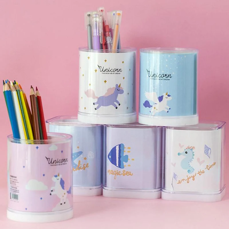 

1 Pcs Cute Stationery Plastic Animal Unicorn Hippocampus Starfish Shell Square Round Pen Holder Stationery Pencil Holders