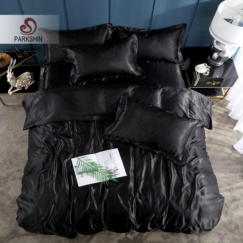 Parkshin Noir Parure De Lit Satin Soie Luxe Couvre Lit Linge De Lit Drap Plat Taie D Oreiller Adulte Double Housse De Couette Ensemble Decor Maison Aliexpress