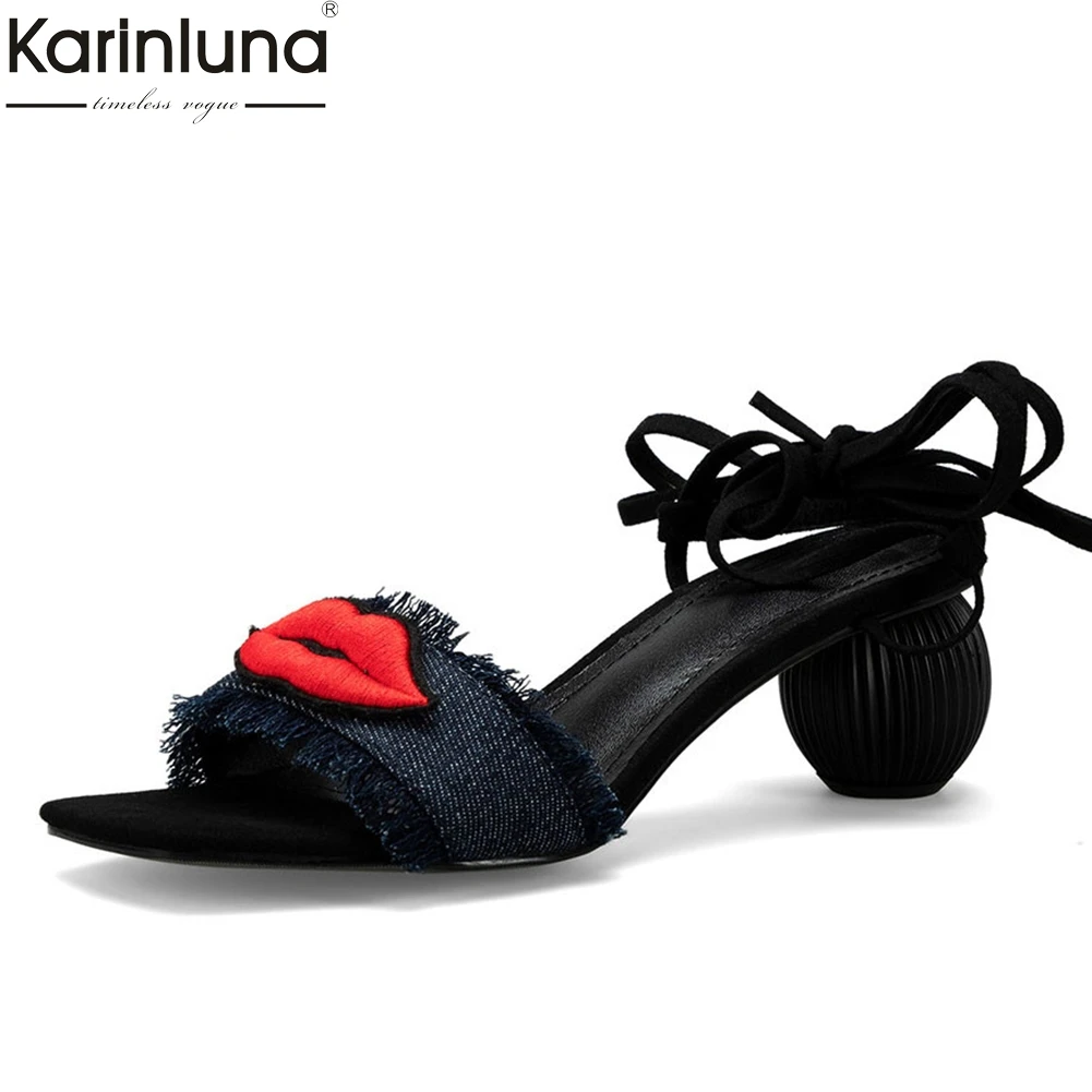 

popular lady high heels denim cross tied Lips women shoes woman casual party summer sandals 2019 shoes female round heels