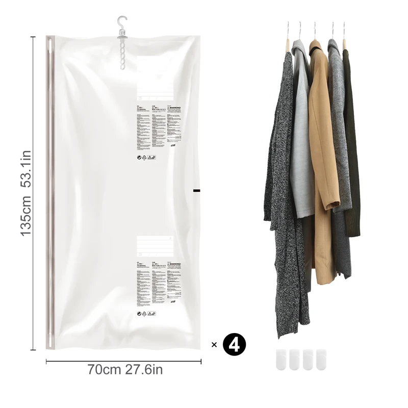 Подвесные вакуумные пакеты для хранения одежды/костюмов/платьев/пальто, набор из 4 вакуумных герметичных компрессионных пакетов для хранения, не требуется насос - Цвет: 4PCS
