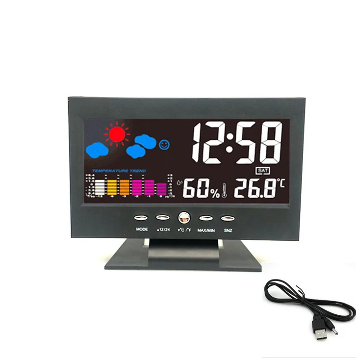 

Weather Station Alarm Clock LCD Display Digital Clock Hygrometer Temperature Thermometer Calendar Function Voice Control Clock
