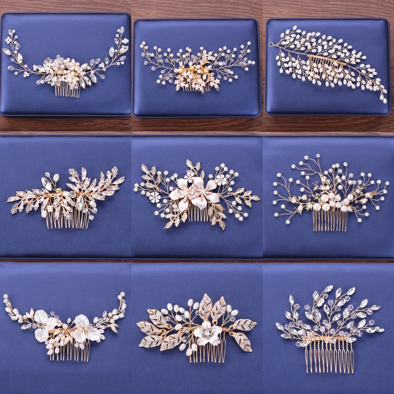 

Golden Bride Hair Comb Wedding Hair Accessories Bridal Headpiece Pearl Flower Hair Comb Wedding Women Head Jewelry Tiaras Bijoux