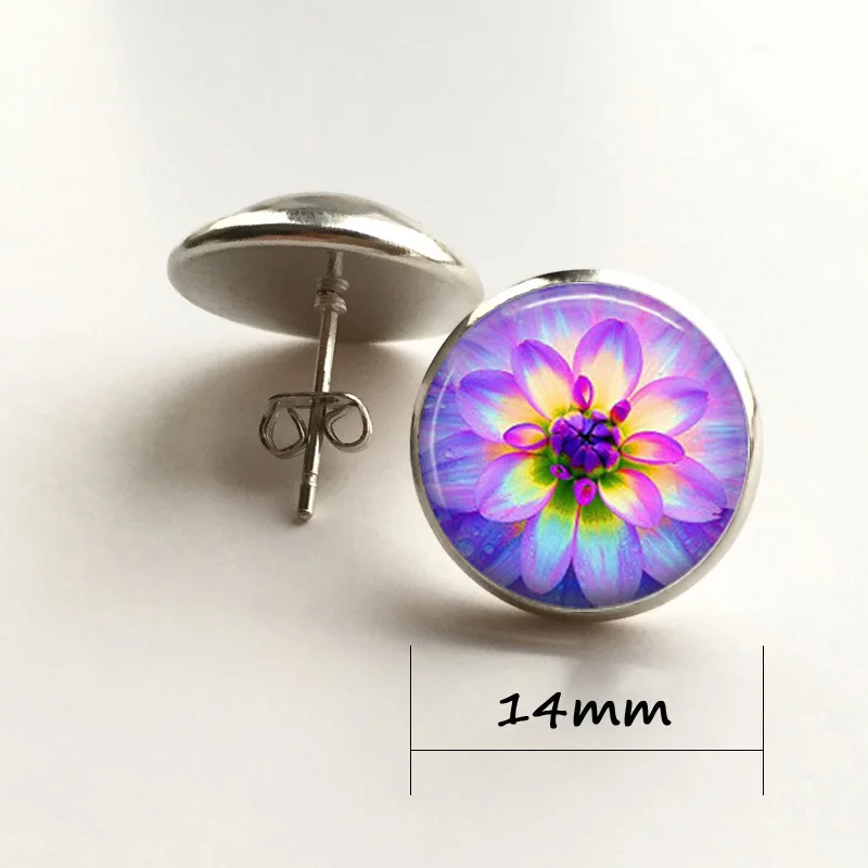 

Pink rose flower earring flower of life earring glass dome ear pendant silver plated back earring women earring gift