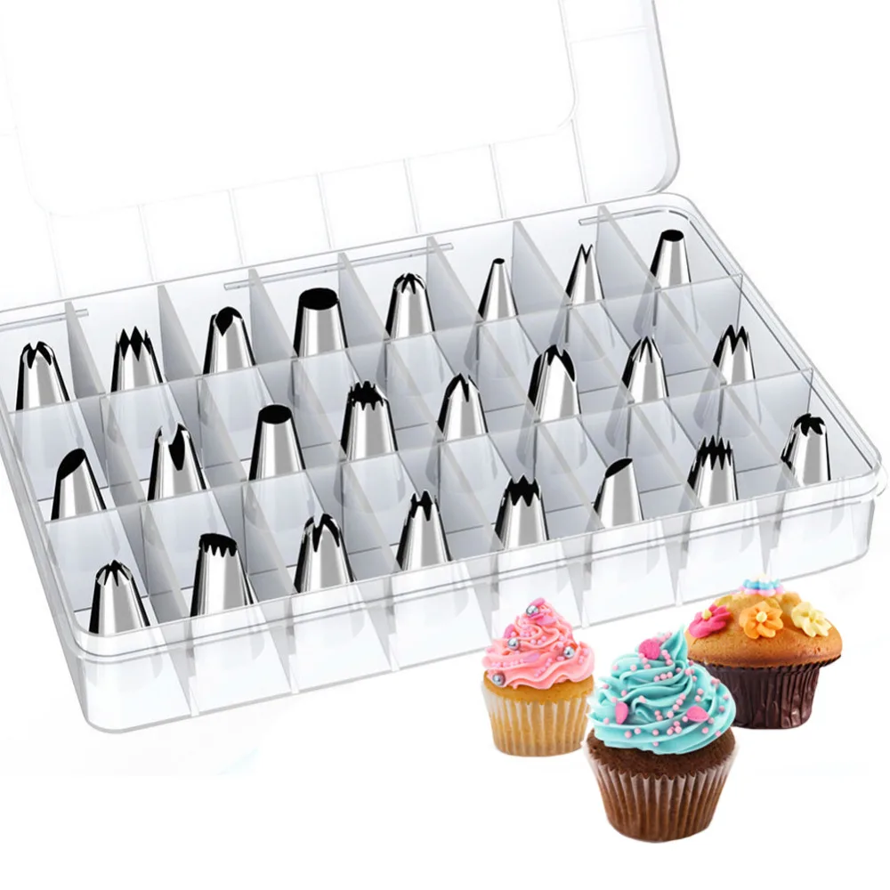 24Pcs Stainless Steel Pastry Nozzles Set Cream Russian Piping Tips Bakery Cupcake Cake DIY Decorating Tools