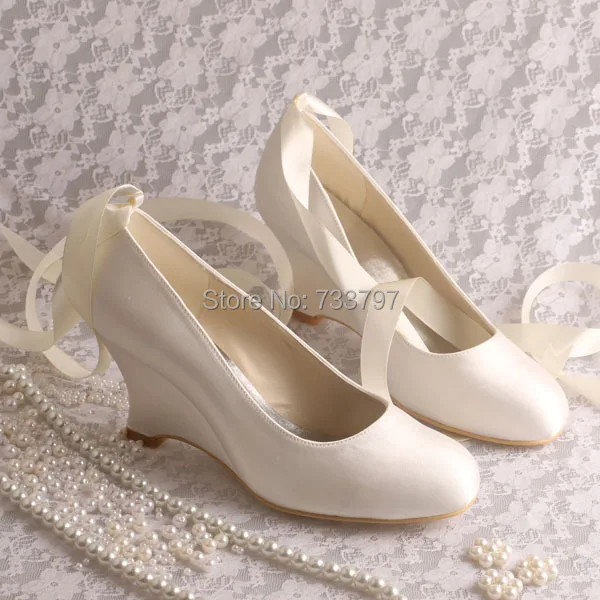 Wedopus Dropshiping Ivory Satin Wedge Heels Pumps Wedding Shoes Bridal with Ribbon