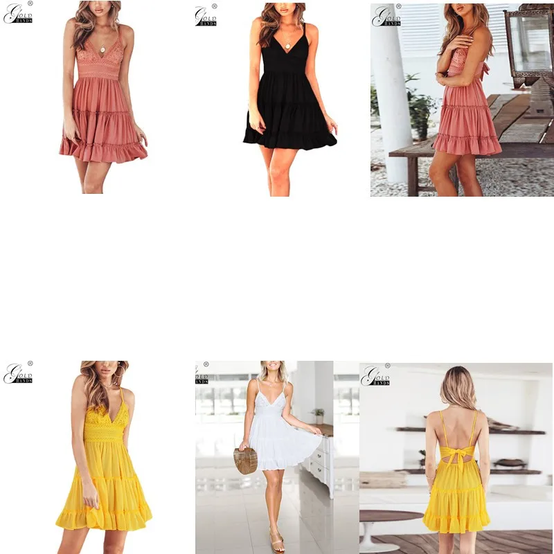 Золотое летнее кружевное платье с открытой спиной на бретельках v образным