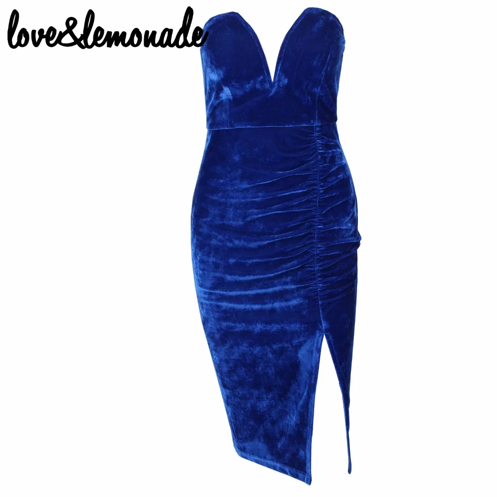 

Love&Lemonade V-Neck Split Velvet Dress Blue TB 9889