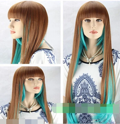 N2050 New Cosplay Brown Light Green Mix long Straight Women Full wig |