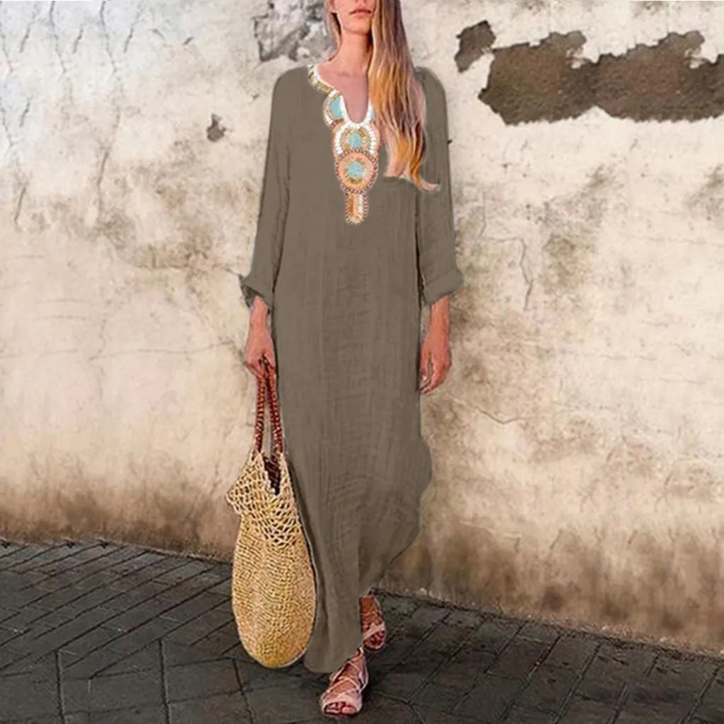 

Womens Printed Maxi Dress Sleeveless V-neck Maxi Dress Split Hem Baggy Kaftan Long dresses woman party night vestidos verano#YY