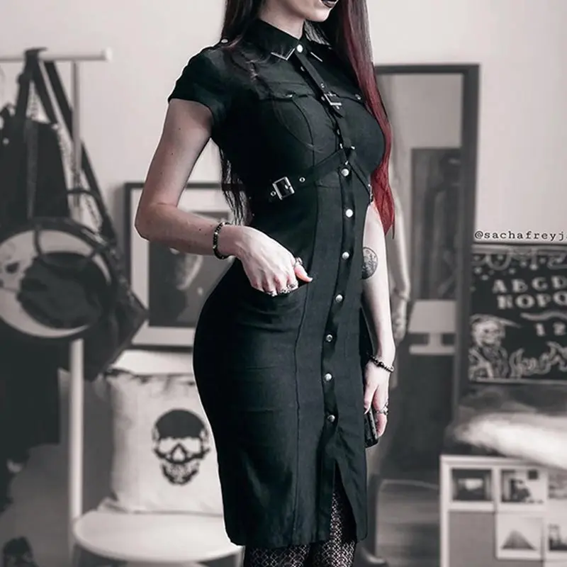 

Black Gothic Sexy Women Bodycon Dress Summer French Uniform Streetwear Punk Belt Design Slim Goth Casual Pencil Dresses Female