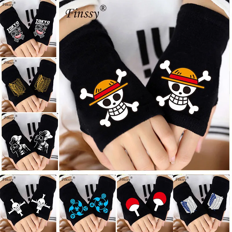 

Anime Naruto Tokyo Ghoul One Piece Attack on Titan Logo Printing Cosplay Warm Half Finger Fingerless Knit Gloves