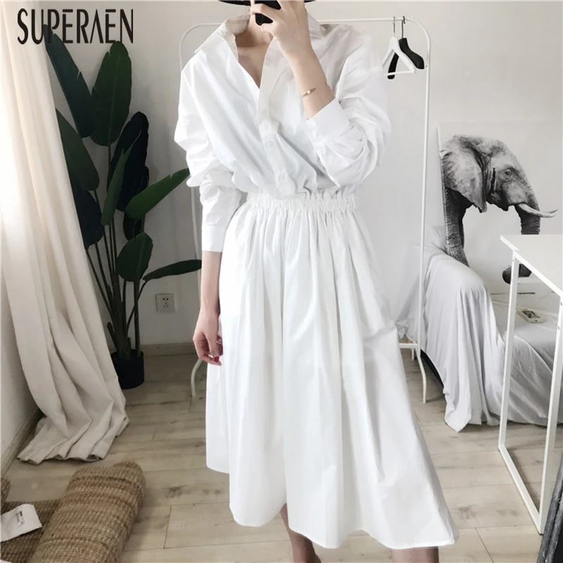 

SuperAen 2018 Autumn New Cotton Women Shirts Dress Solid Color Fashion Ladies Dress Long-sleeved Casual Loose Dress Female