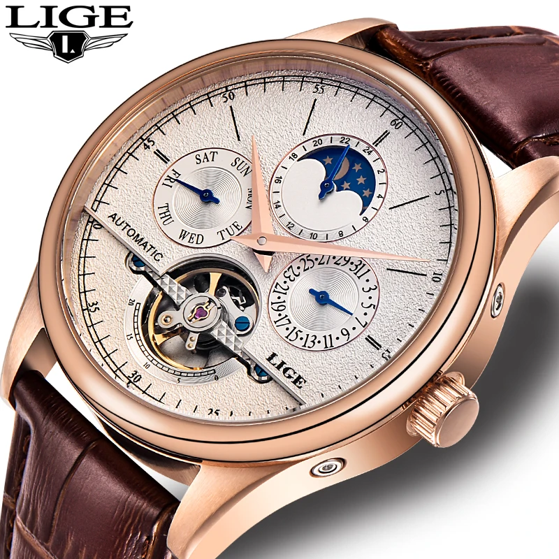 Relojes de Hombre de marca LIGE reloj mecánico automático reloj deportivo Tourbillon cuero Casual negocios Retro reloj de pulsera Hombre - 1
