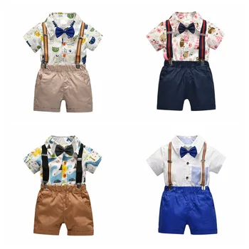 

Child Suits Summer Baby Boys Short Sleeve Cartoon Tops Shirt with Bowknot+Suspender Short Pants Kids Casual Outfits Sets 0-6Y