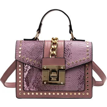 

Serpentine Leather Metallic Zip Lock Small Chains Bags Flap Bags Contrast Color Women Bag Snake Retro Brand Crossbody Bag #LR5