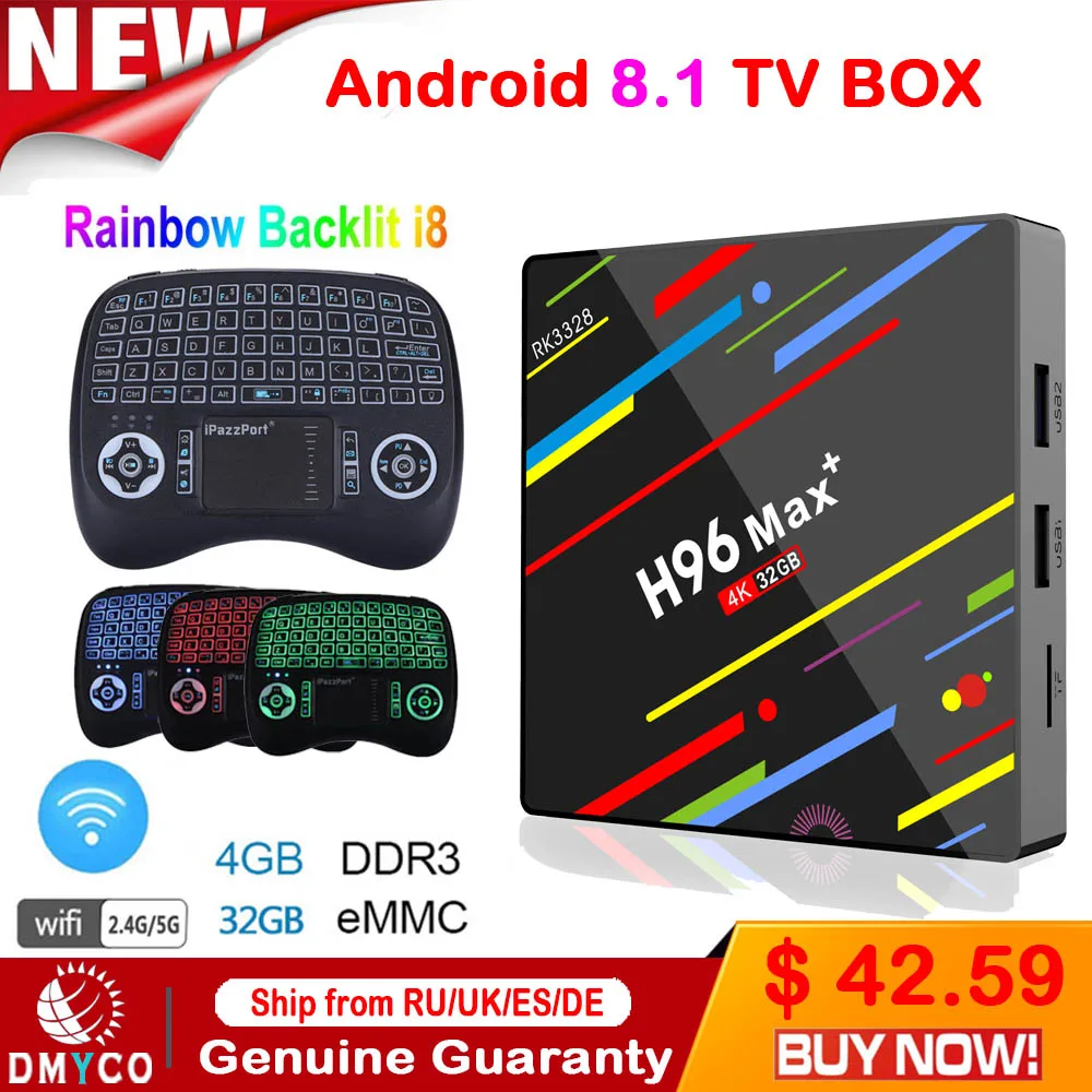 

IPTV Subscription H96 MAX Plus Android 8.1 TV Box with keyboard RK3328 4GB 32GB USB3.0 H.265 4K Media Player Smart Set top box