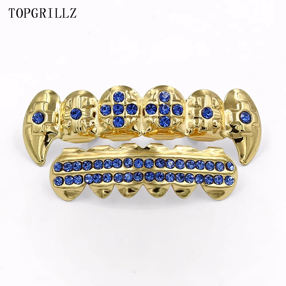 

New Real Rose Gold Color Plated ICED OUT CZ Teeth GRILLZ Cross Top & Bottom Tooth Caps Hip Hop Bling Grills For Christmas Gift
