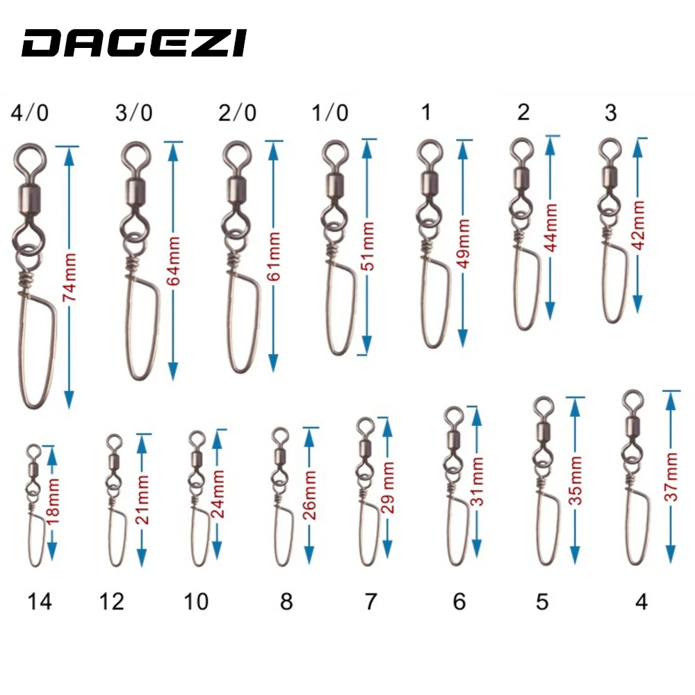 DAGEZI, 100 шт./лот, рыболовный разъем, Поворотный шарнир с хорошей защелкой, черные Вертлюги+ изогнутый штырь, рыболовные аксессуары