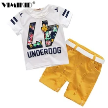 Летний комплект для мальчиков; футболка с короткими рукавами; джинсовые шорты; комплект из 2 предметов; хлопковый Повседневный модный детский комплект с надписью «47»