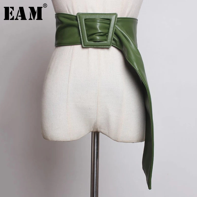 [EAM] New Spring Summer Pu Leather green Black Big Buckle Personality Long Wide Belt Women Fashion Tide All-match JY325