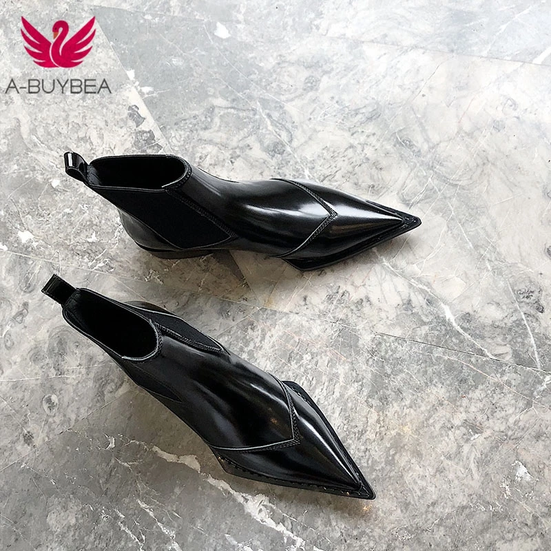 Botas de Tornozelo de Couro Real para Mulheres Dedo do pé Botas de Motocicleta Apontadas Elástico Mulheres Deslizamento-em Saltos Baixos Sapatos Pretos Femininos Botas Mujer